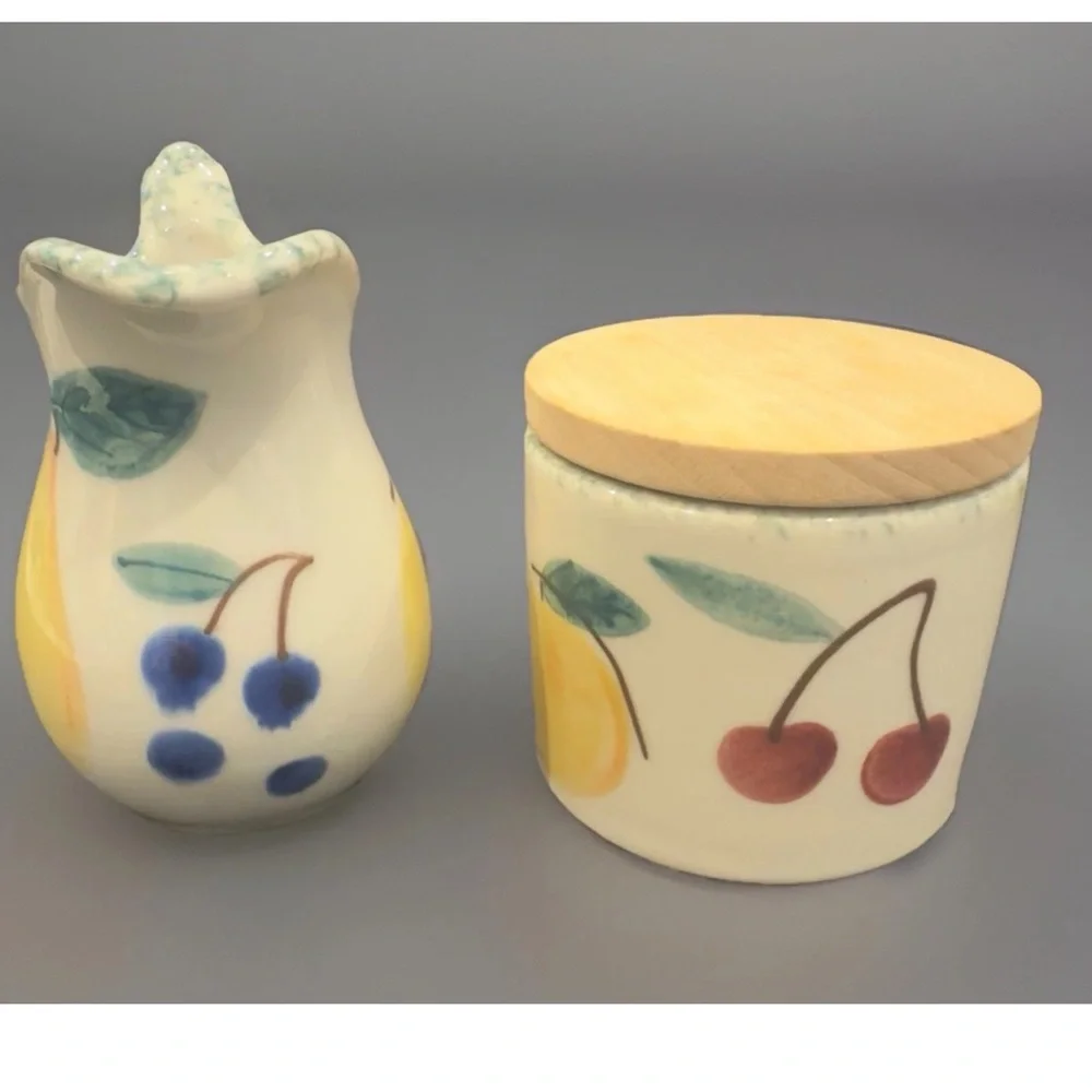 2pc Hartstone Pottery Fruit Salad Creamer and Sugar Jar Hand Painted Set of 2 - Picture 1 of 5
